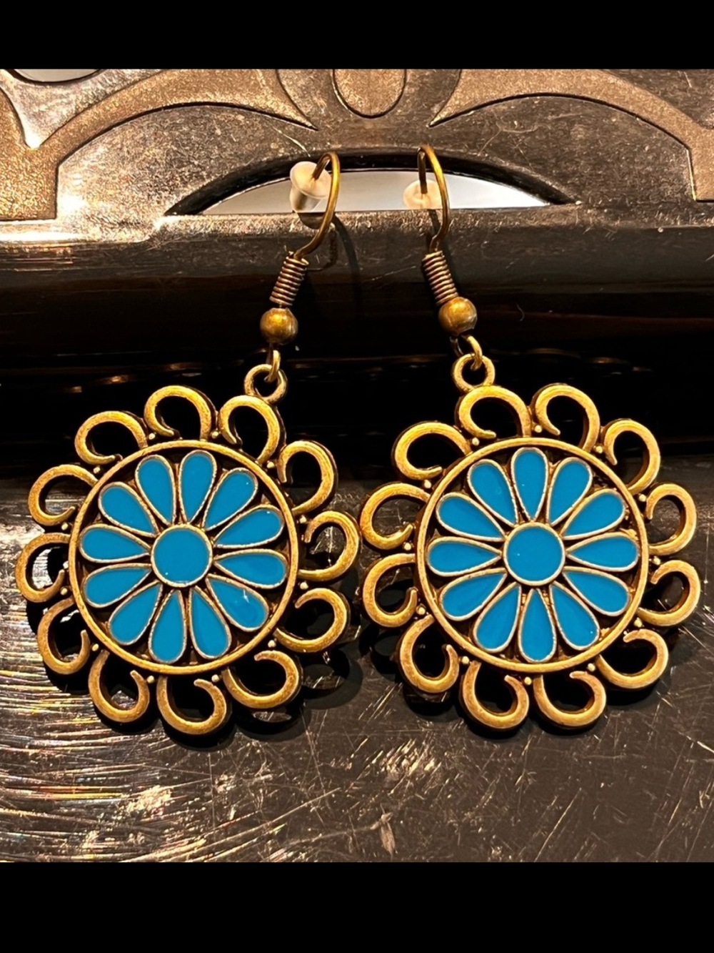 Gold Tone Blue Enamel Sunflower Earrings